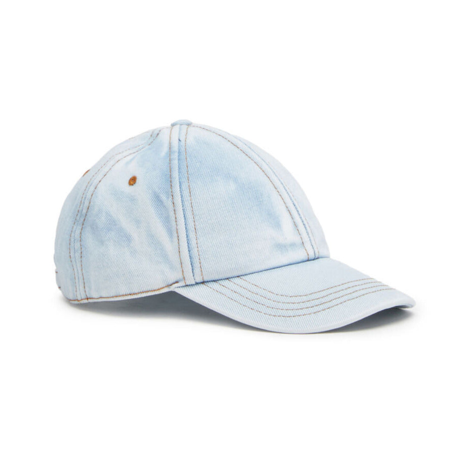 light blue diesel denim baseball cap with red d embroidery and tobacco stitching laid flat