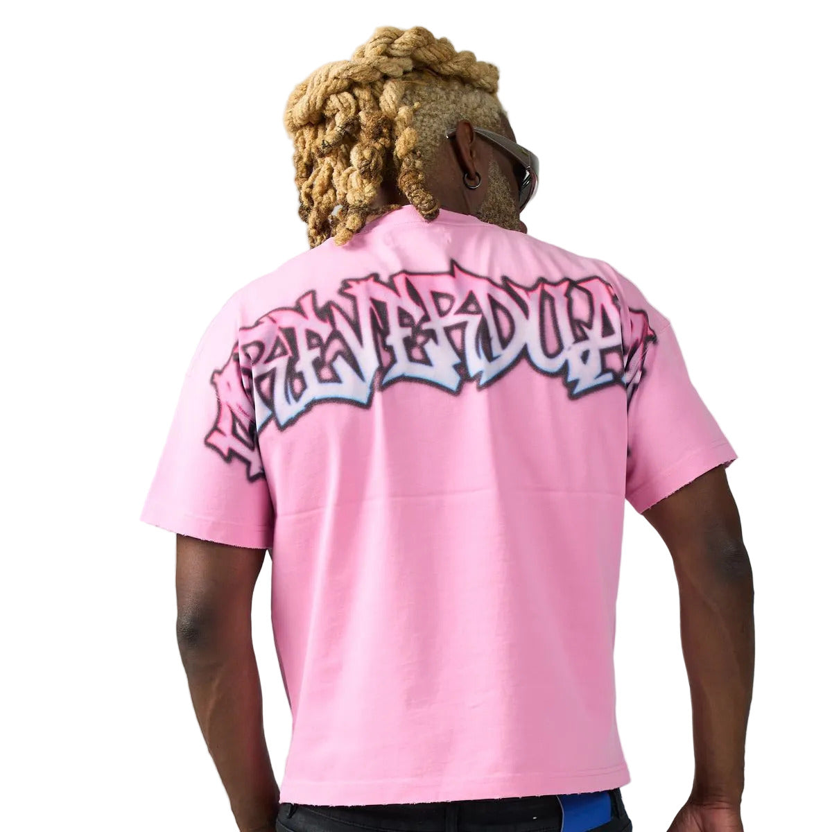 DUAA Alien Tee in pink featuring an airbrushed alien graphic, rhinestone DUAA graffiti lettering, and a bold graffiti logo back print.