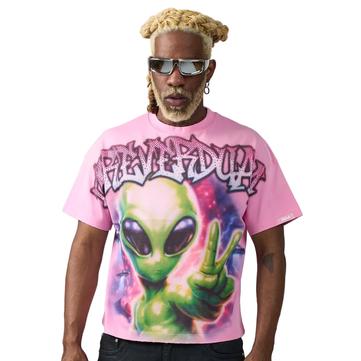 DUAA Alien Tee in pink featuring an airbrushed alien graphic, rhinestone DUAA graffiti lettering, and a bold graffiti logo back print.