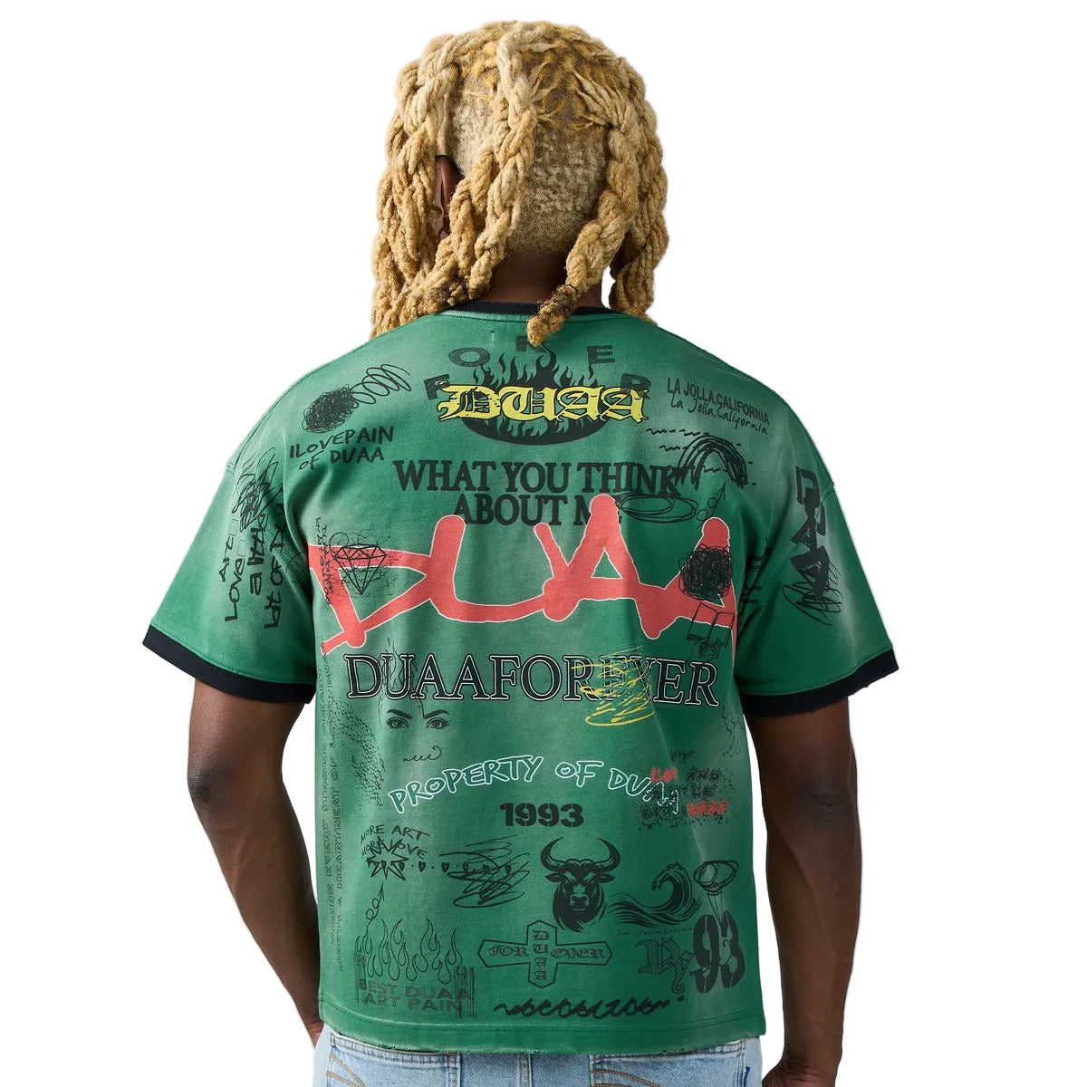 DUAA Amazon Tee in green featuring an all-over collage print, rhinestone script chest detail, and a contrast ribbed collar.