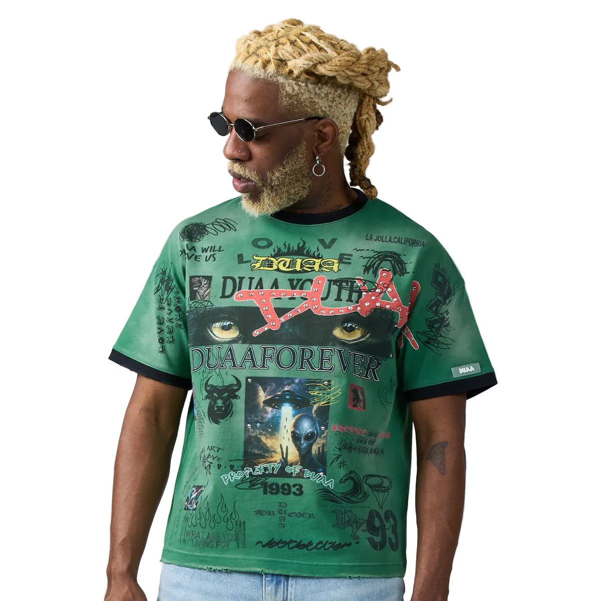 DUAA Amazon Tee in green featuring an all-over collage print, rhinestone script chest detail, and a contrast ribbed collar.