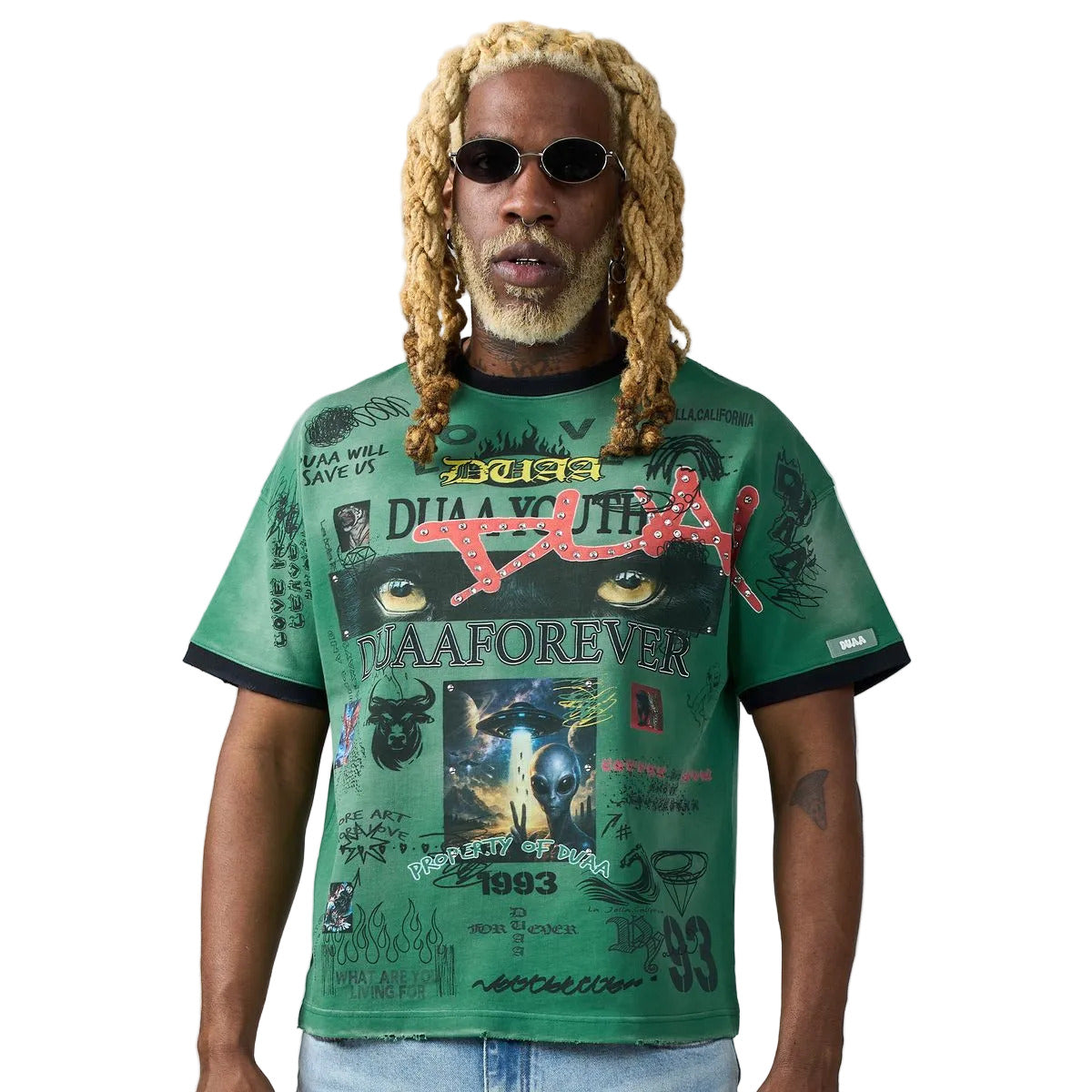 DUAA Amazon Tee in green featuring an all-over collage print, rhinestone script chest detail, and a contrast ribbed collar.
