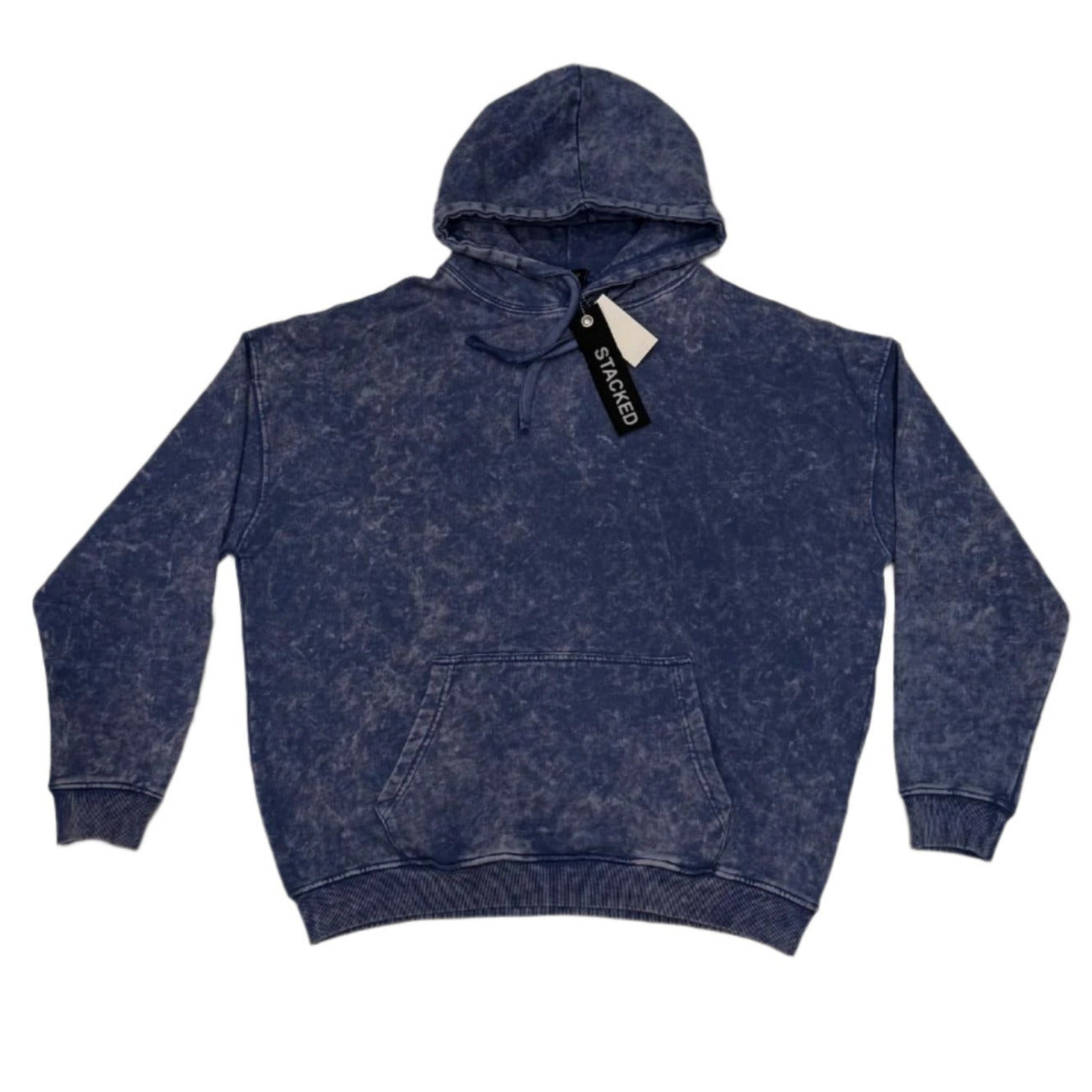 Blue hoodie with a tag on a white background