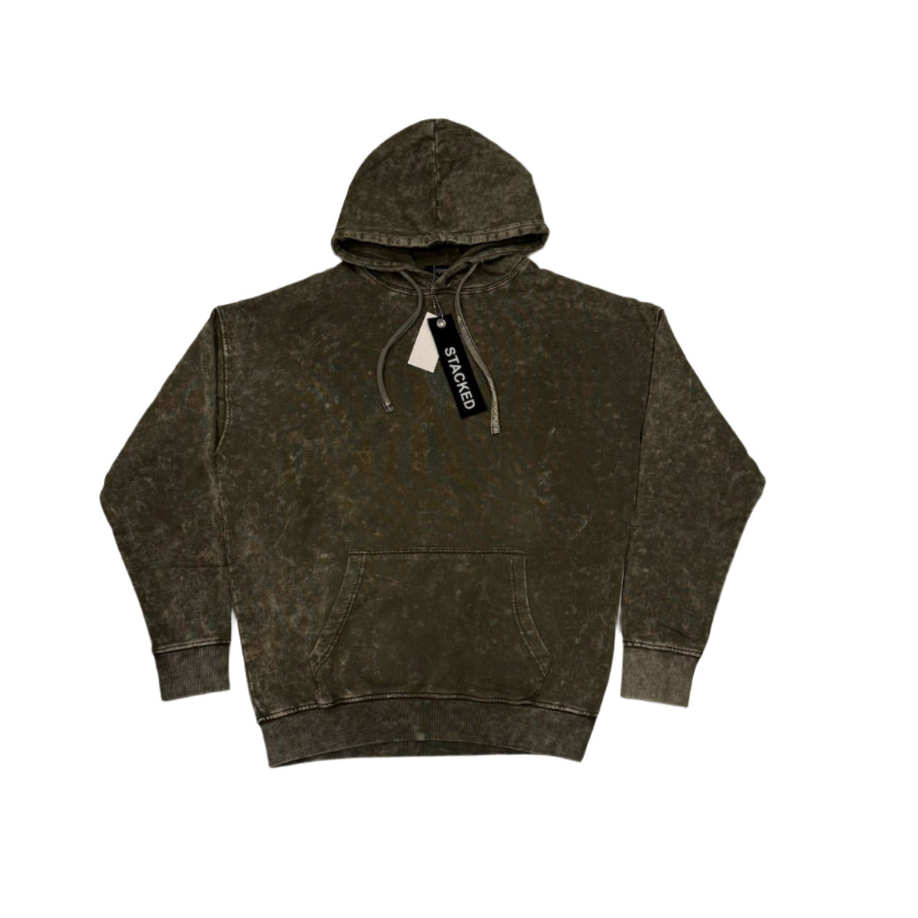 Green hoodie with a tag on a marble floor