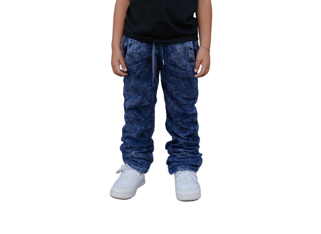 Bring bold comfort and effortless street style to your kid’s wardrobe with the Infamous Kids Tie Dye Stacked Pants (Blue).