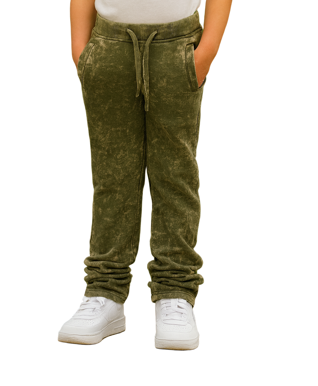 Add effortless streetwear style to your child’s wardrobe with the Infamous Kids Tie Dye Stacked Pants (Olive).