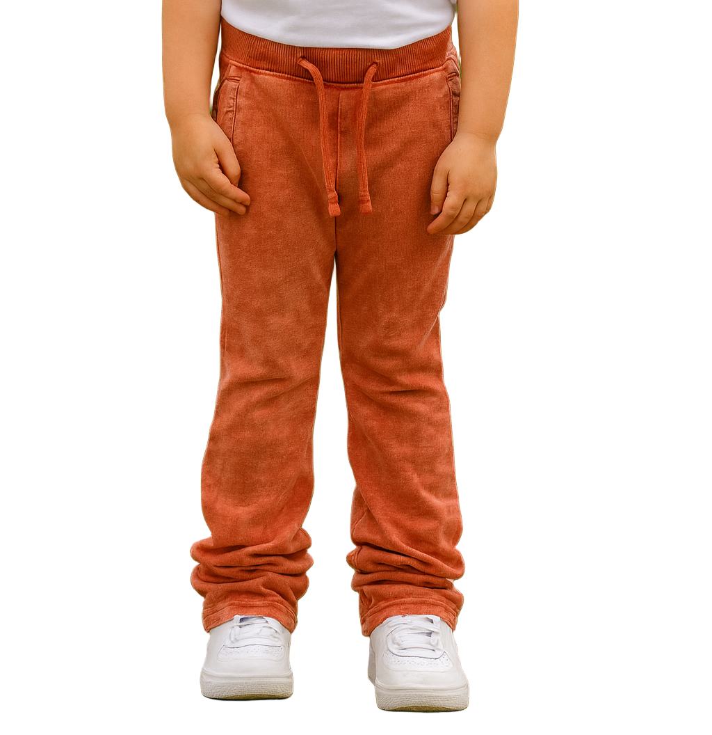 Brighten up your kid’s wardrobe with our Kids Tie Dye Stacked Pants in Orange — a perfect blend of comfort and cool streetwear style.
