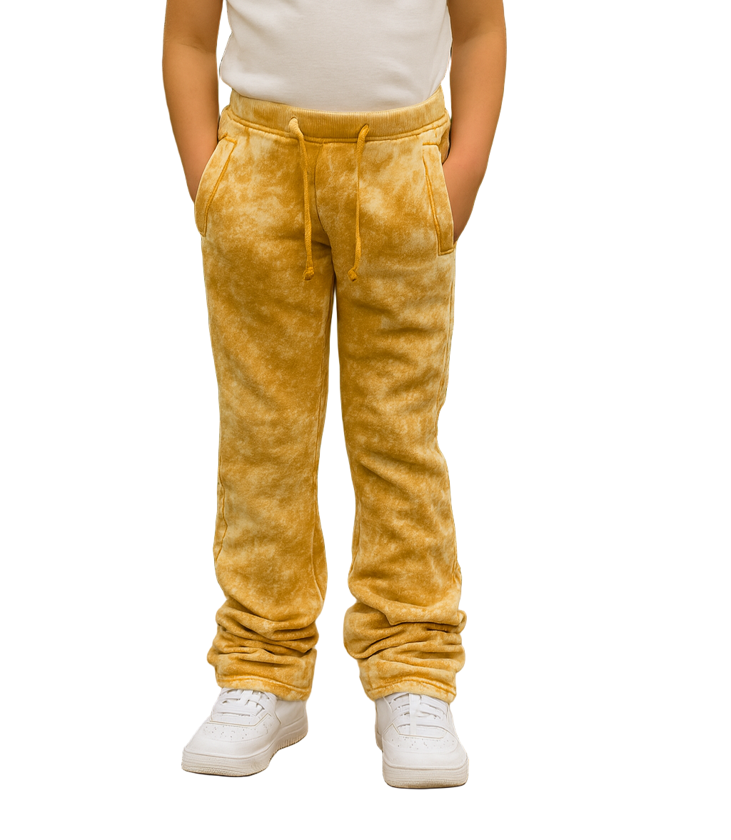 Add warm, earthy tones to your kid’s wardrobe with our Kids Tie Dye Stacked Pants in Timber