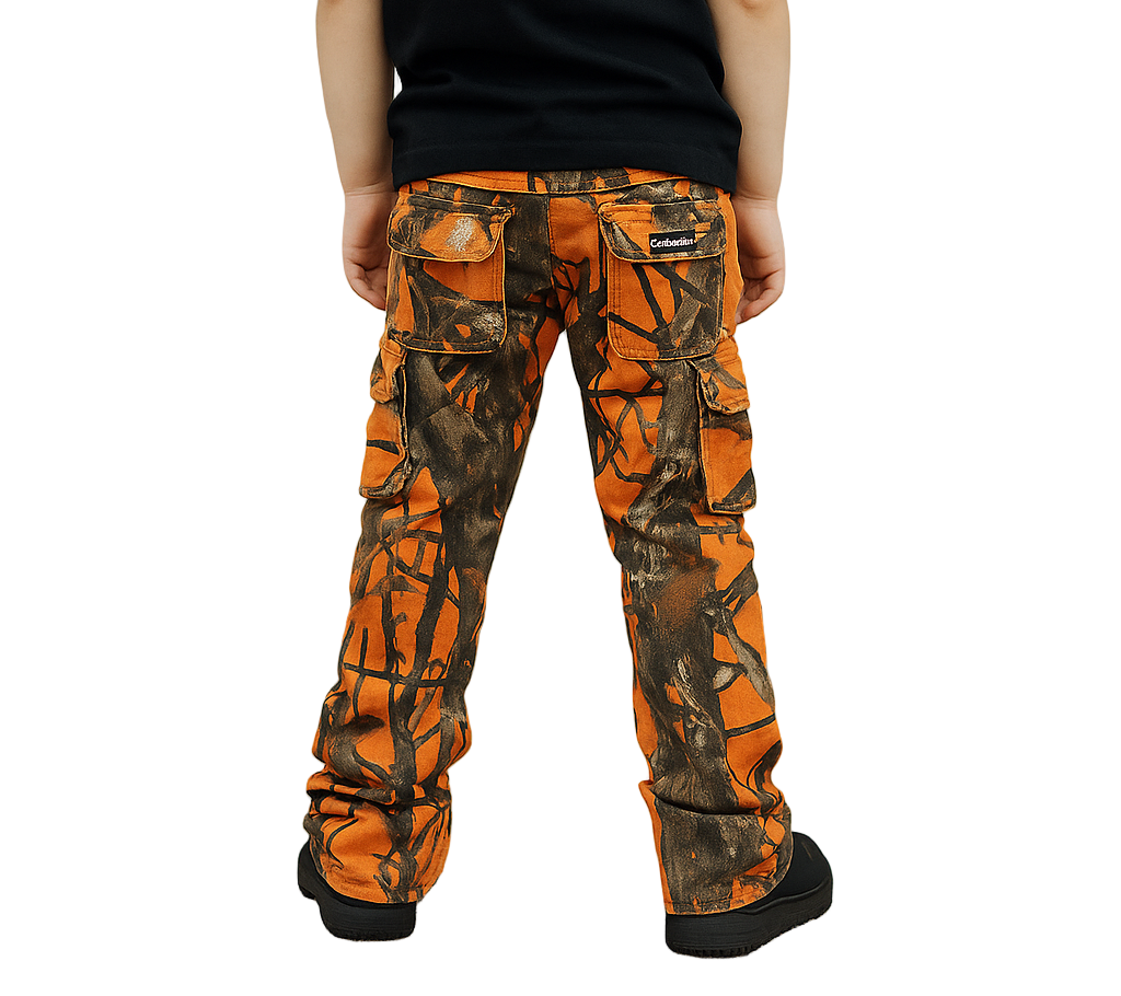 Turn everyday moments into street-style statements with the Infamous Kids Stacked Pants (Orange Camo) — built for bold young icons who love to stand out