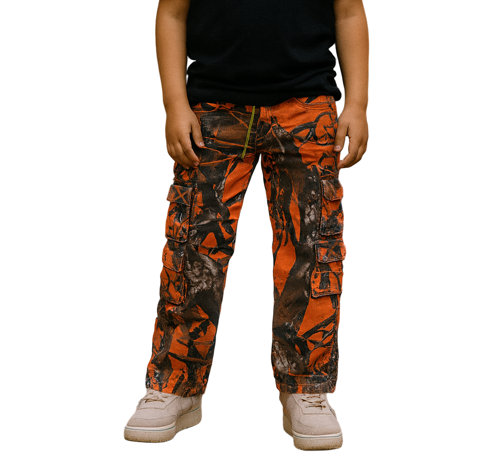 Turn everyday moments into street-style statements with the Infamous Kids Stacked Pants (Orange Camo) — built for bold young icons who love to stand out