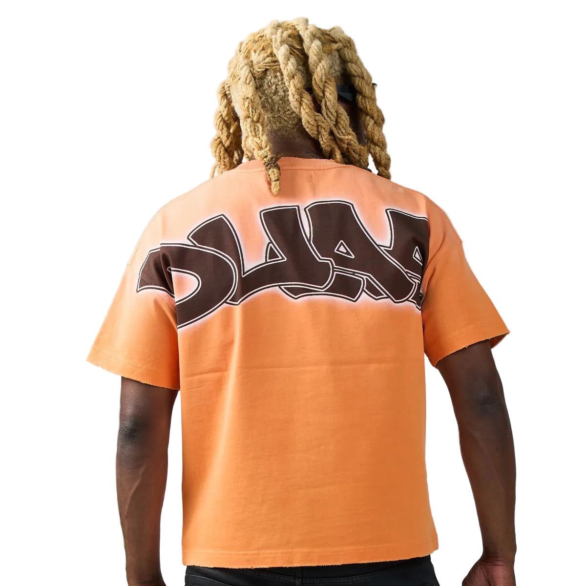 DUAA Chainlink Tee in orange featuring a roaring gorilla with chain graphic, rhinestone DUAA chest detail, and a bold DUAA back print.