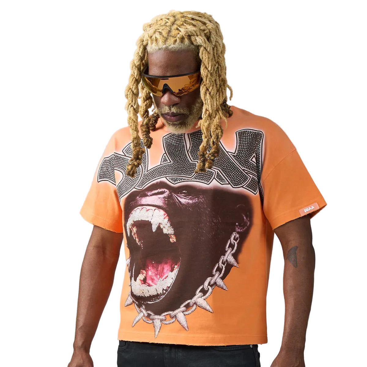 DUAA Chainlink Tee in orange featuring a roaring gorilla with chain graphic, rhinestone DUAA chest detail, and a bold DUAA back print.