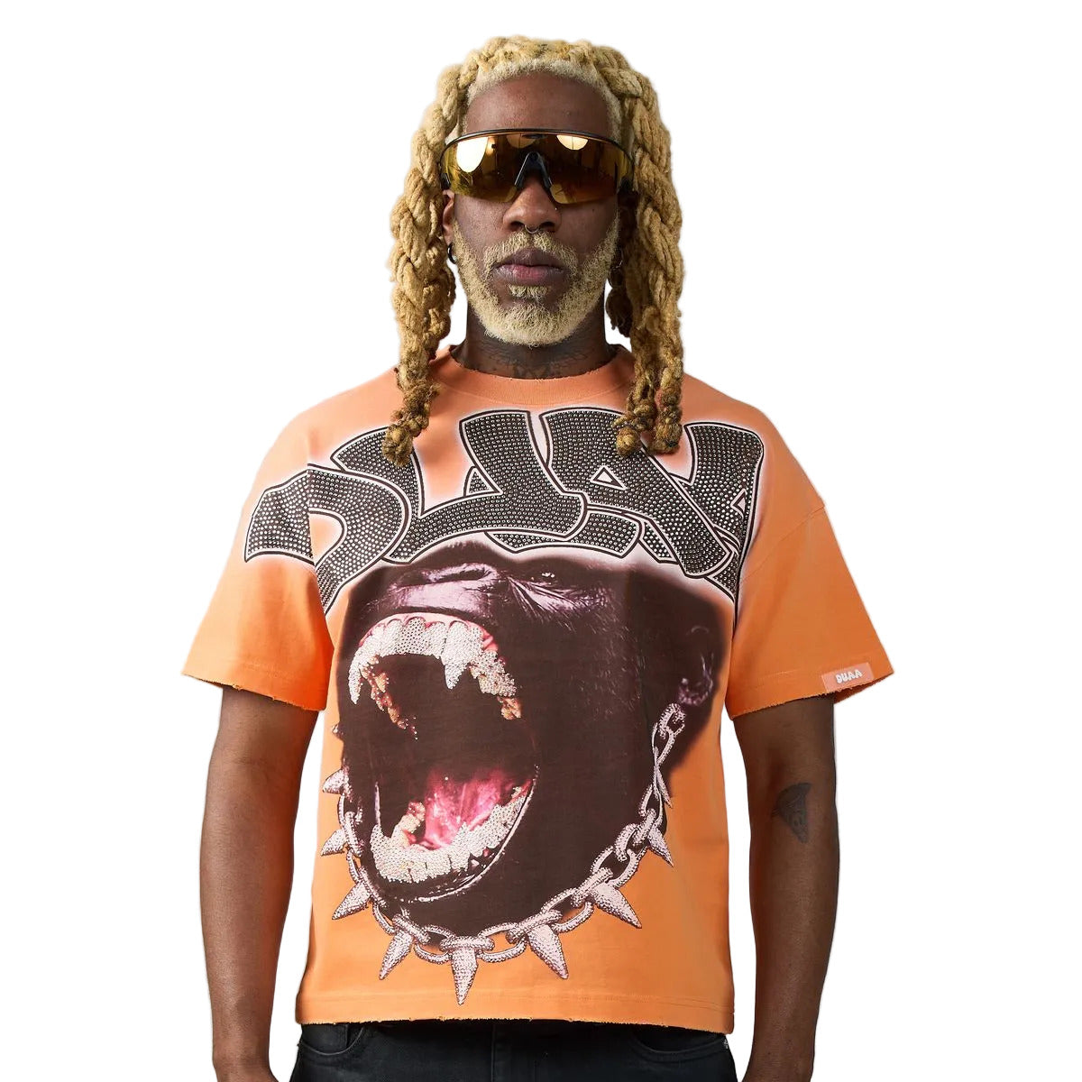 DUAA Chainlink Tee in orange featuring a roaring gorilla with chain graphic, rhinestone DUAA chest detail, and a bold DUAA back print.