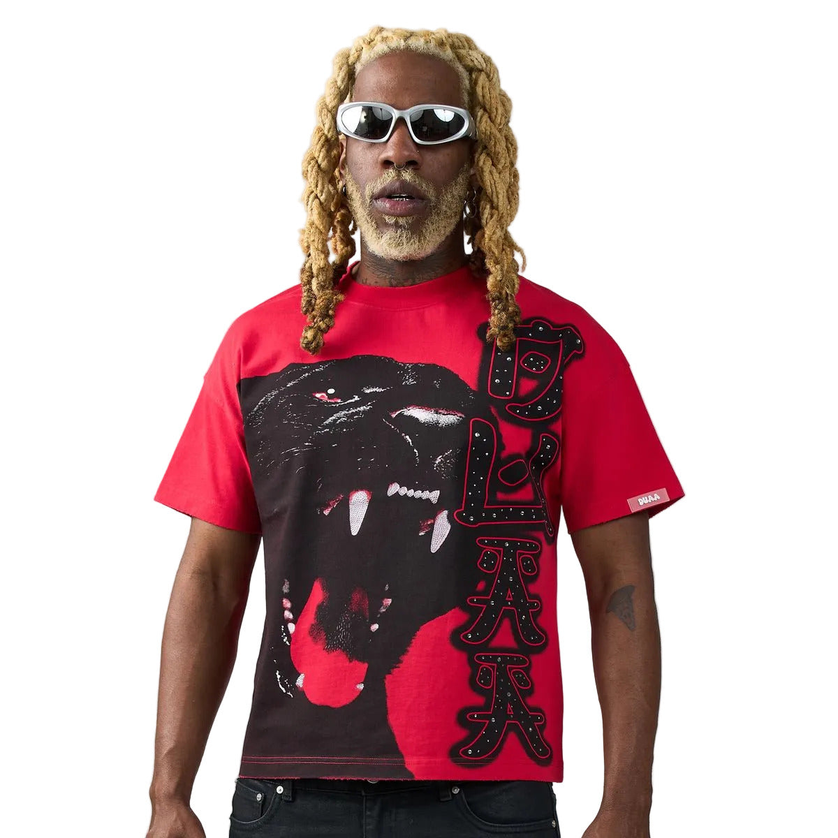 DUAA JAX Tee in red featuring an oversized panther graphic, rhinestone vertical DUAA lettering, and a bold graffiti back print.