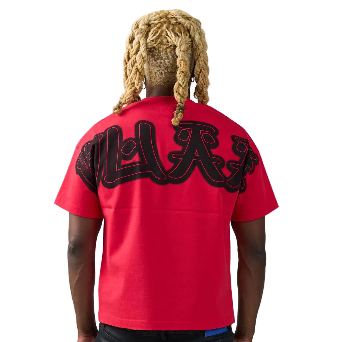 DUAA JAX Tee in red featuring an oversized panther graphic, rhinestone vertical DUAA lettering, and a bold graffiti back print.