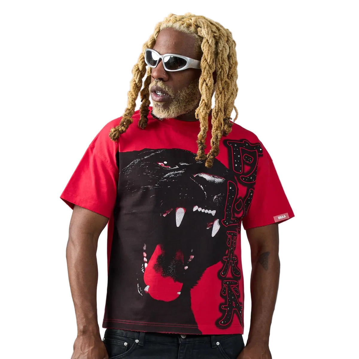 DUAA JAX Tee in red featuring an oversized panther graphic, rhinestone vertical DUAA lettering, and a bold graffiti back print.