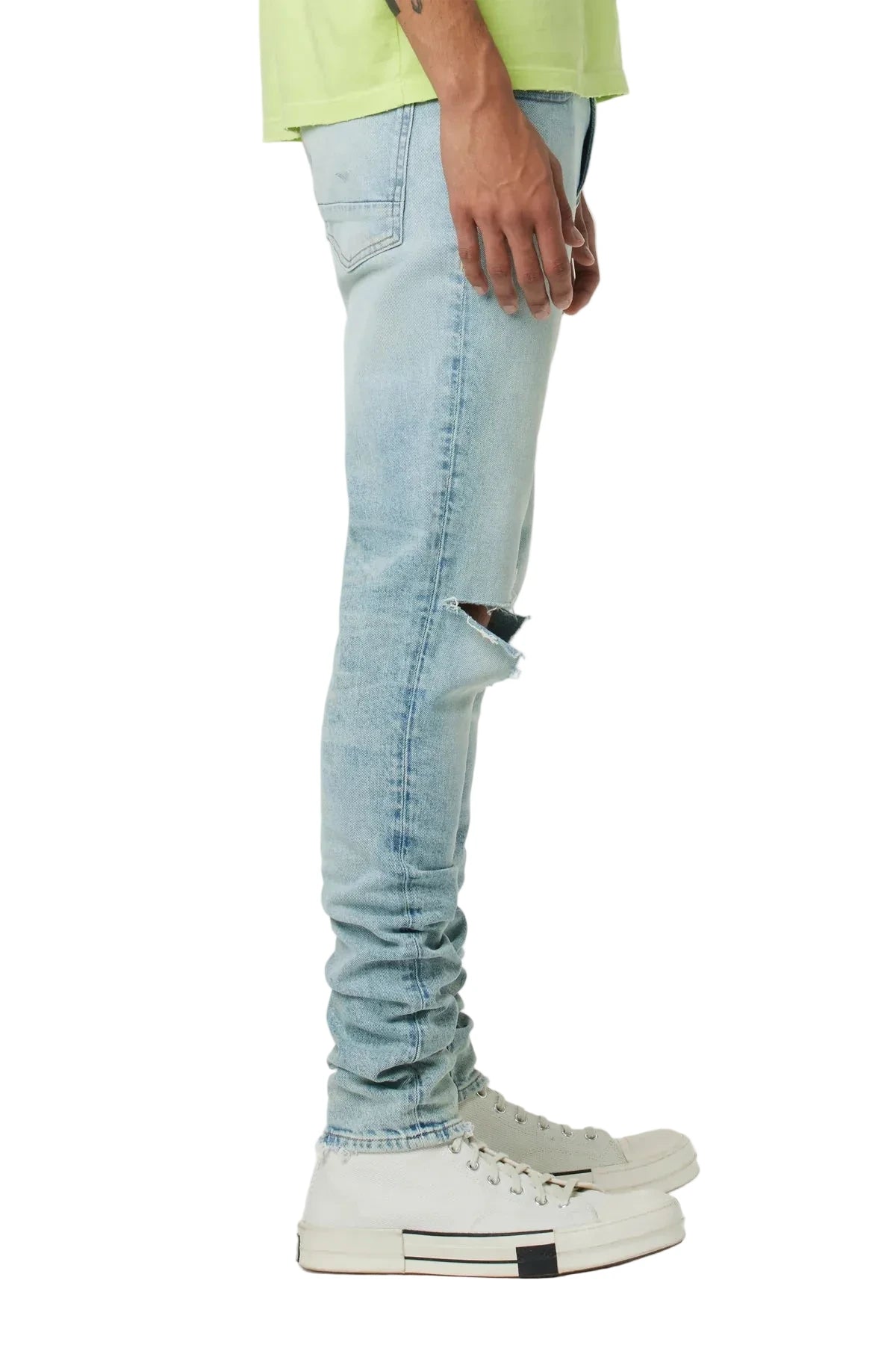 Hudson Zack Skinny Jeans in Rocker wash with comfort stretch denim, knee destruction, paint splatter, and a slim modern silhouette.