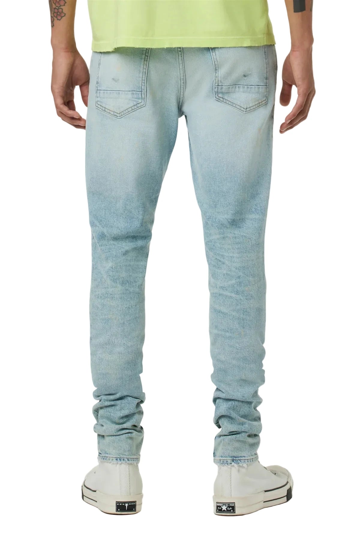 Hudson Zack Skinny Jeans in Rocker wash with comfort stretch denim, knee destruction, paint splatter, and a slim modern silhouette.