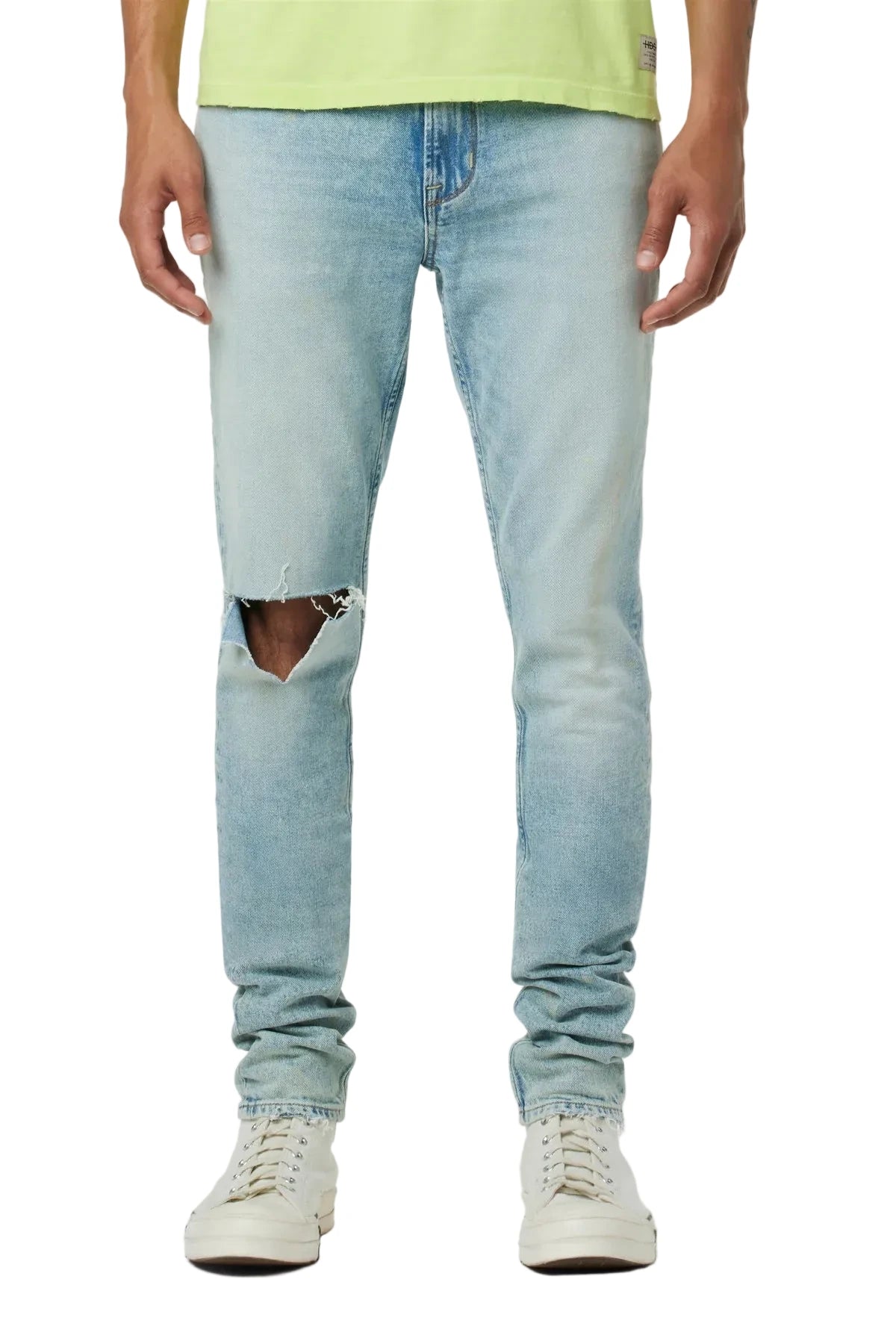 Hudson Zack Skinny Jeans in Rocker wash with comfort stretch denim, knee destruction, paint splatter, and a slim modern silhouette.