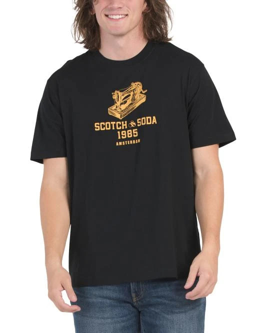 Scotch & Soda Relaxed Fit Short-Sleeve Graphic Tee in Black with soft fabric and casual fit.