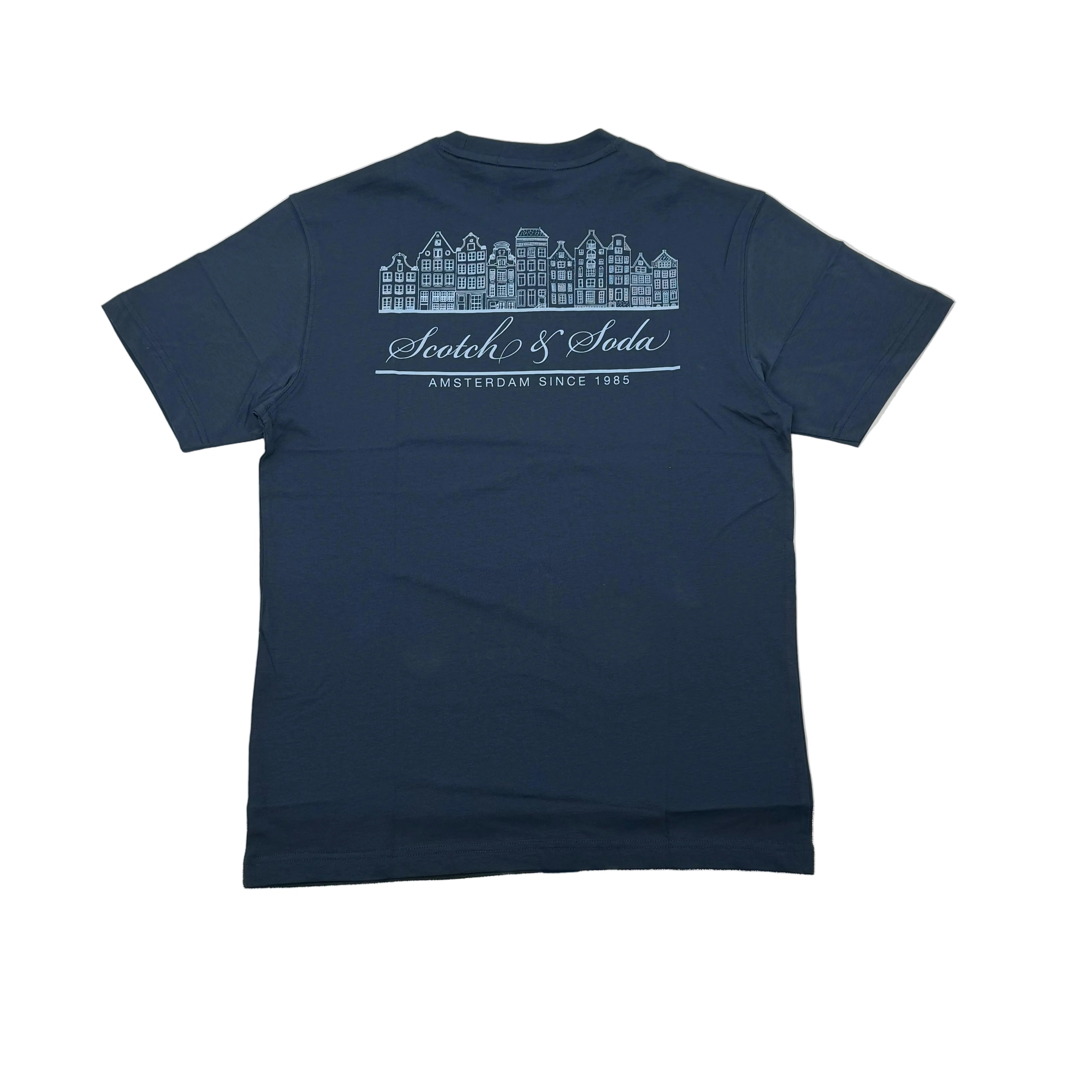 Navy blue t-shirt with white text and graphics on a white background
