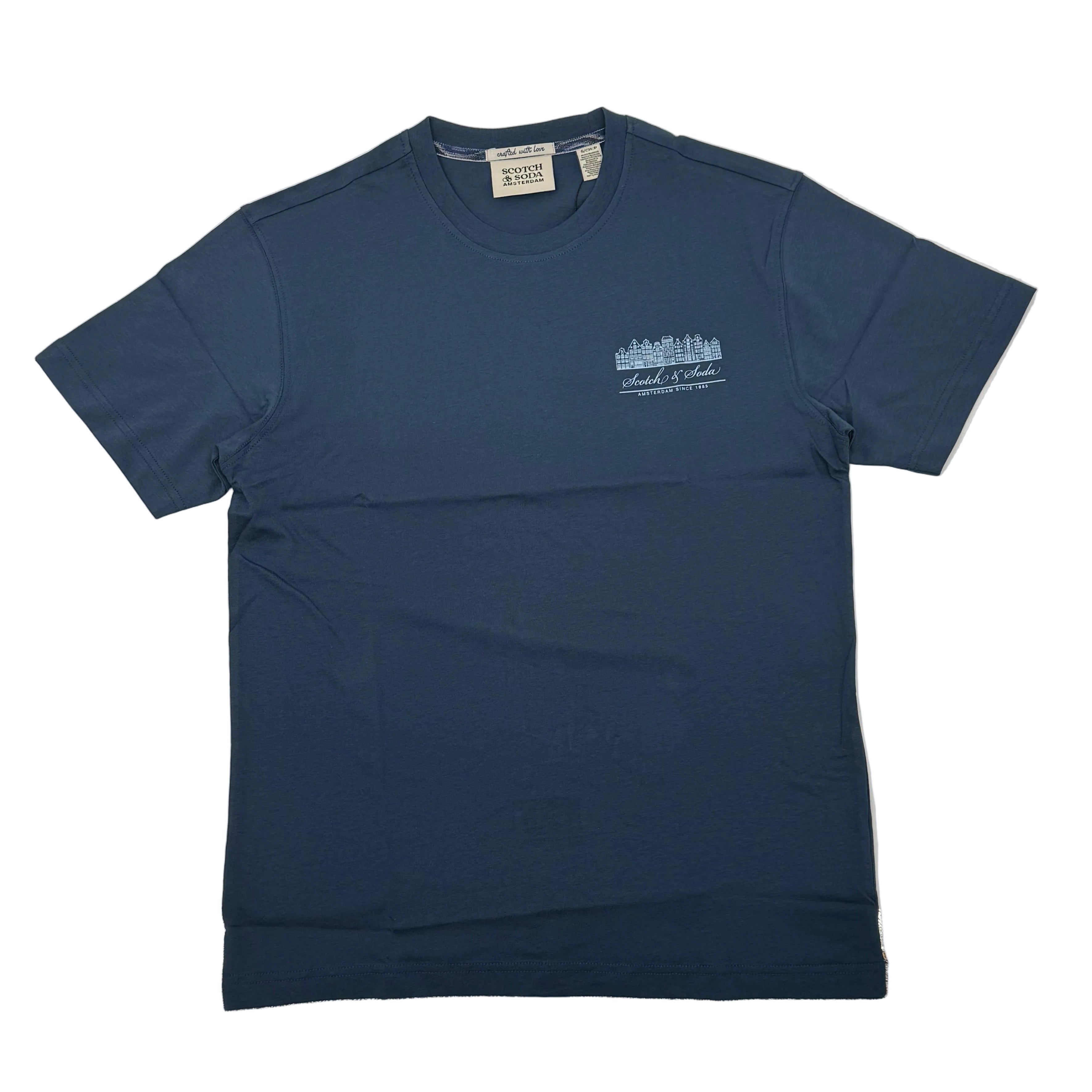 Navy blue t-shirt with a logo on a white surface