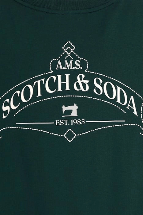 Scotch & Soda Relaxed Fit Short-Sleeve Graphic Tee in Cypress Green with soft fabric and relaxed fit.