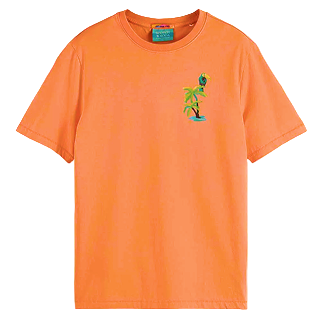 Scotch & Soda Short Sleeve Graphic Tee in Papaya with bold graphic print and casual fit.