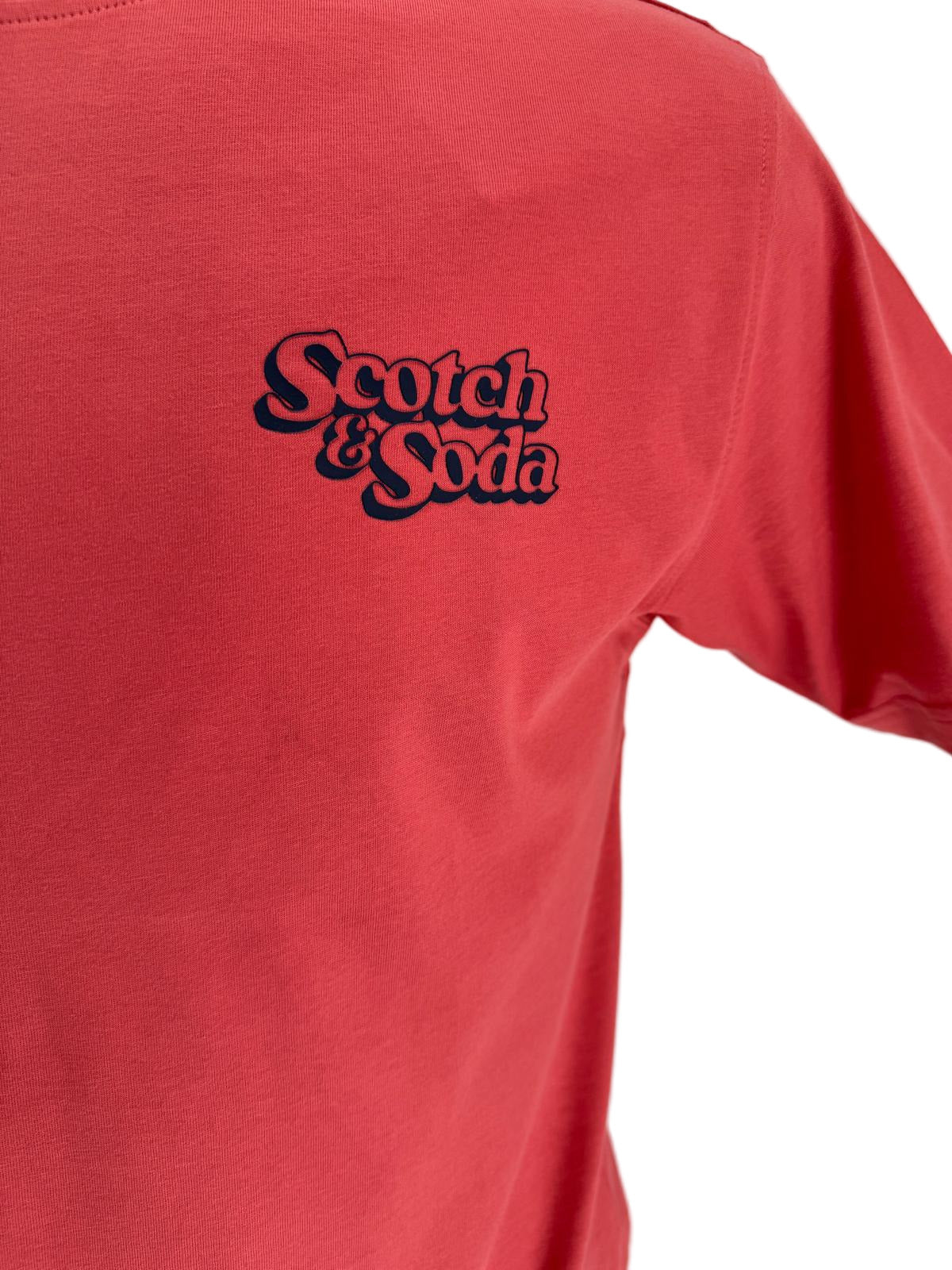 Scotch & Soda Relaxed Fit Short-Sleeve Graphic Tee in Mineral Red with soft fabric and relaxed fit.