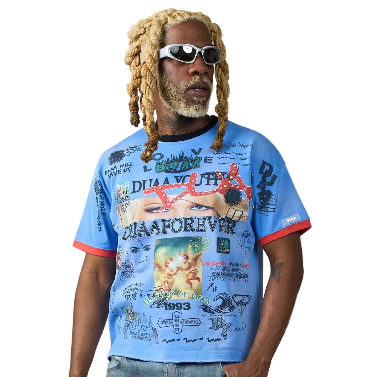 DUAA Thoughts Tee in blue featuring an all-over collage print, rhinestone script on the chest, and a contrast red ribbed collar.