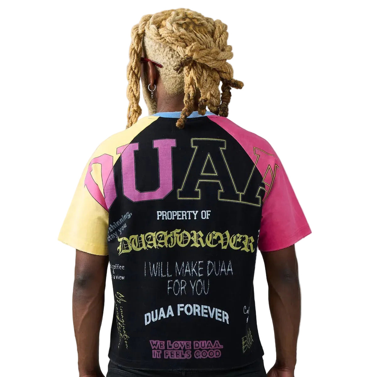 DUAA University Tee with a black body, pink and yellow raglan sleeves, rhinestone collegiate lettering, and DUAA Forever collage graphic.