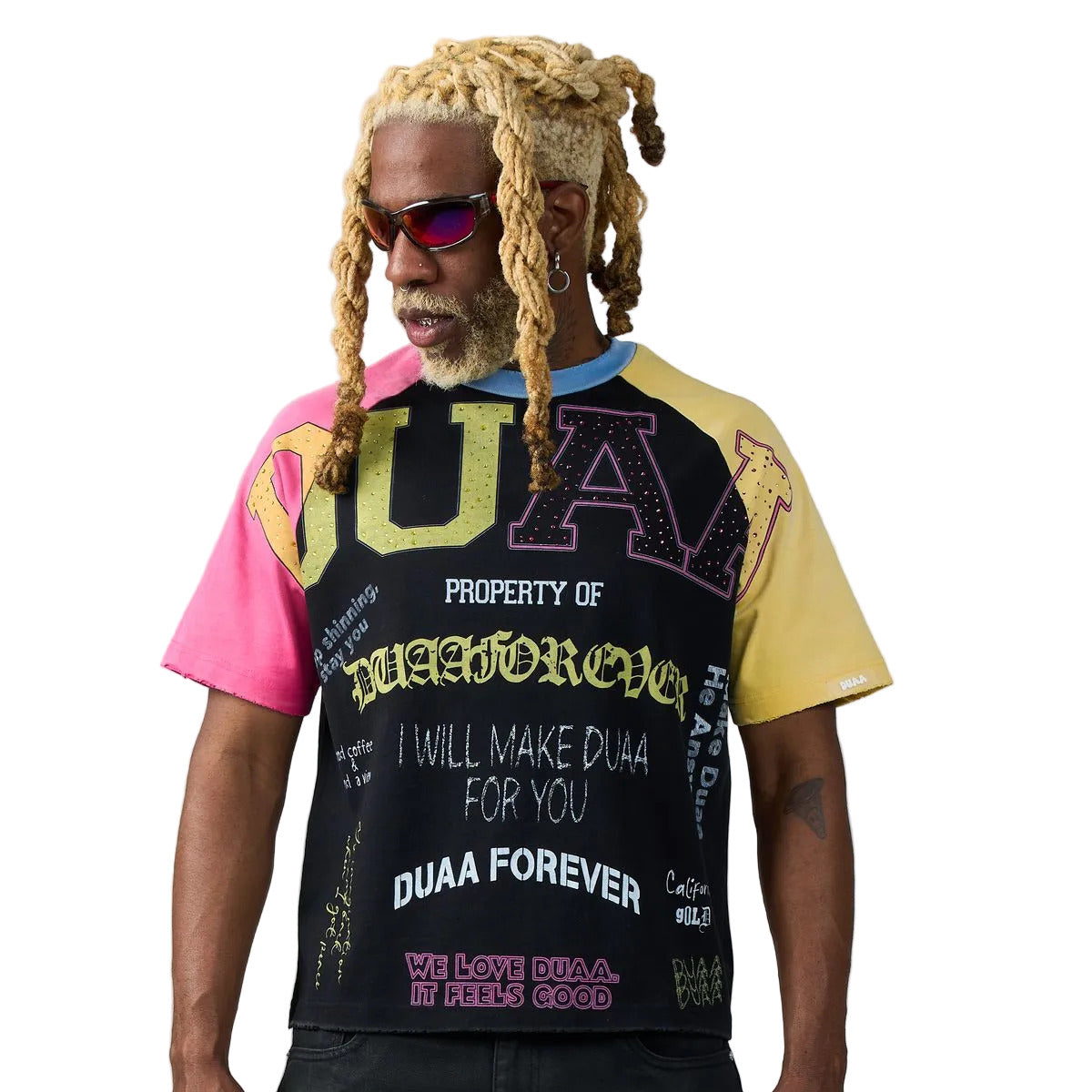 DUAA University Tee with a black body, pink and yellow raglan sleeves, rhinestone collegiate lettering, and DUAA Forever collage graphic.