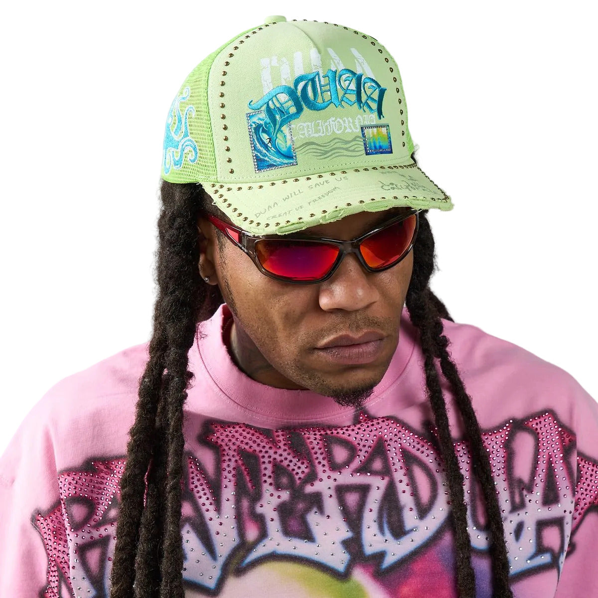 DUAA Wave Hat with neon green front, mesh back, Old English embroidery, blue octopus side detail, gold stud trim, and distressed snapback brim.