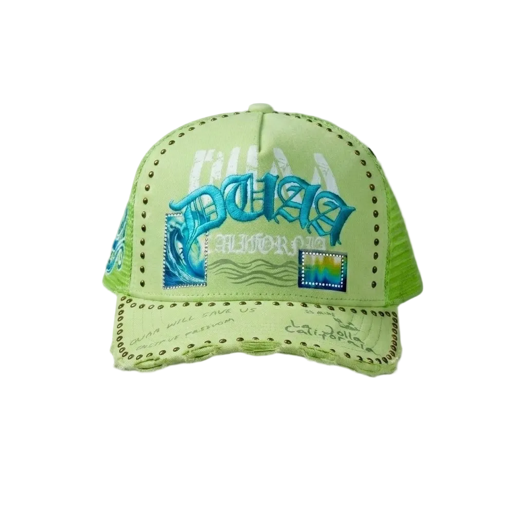 DUAA Wave Hat with neon green front, mesh back, Old English embroidery, blue octopus side detail, gold stud trim, and distressed snapback brim.