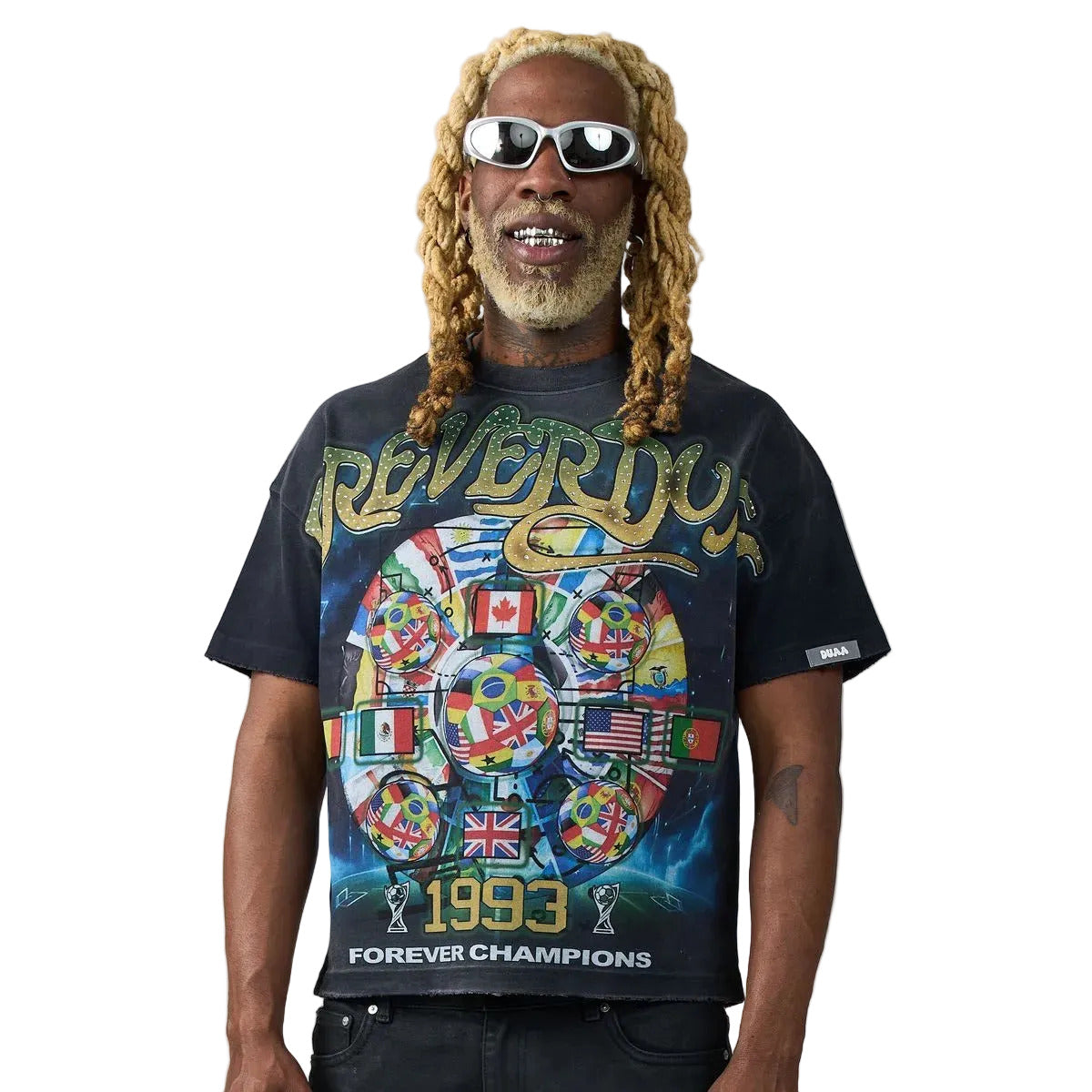 DUAA Worldwide Tee in charcoal featuring an international soccer ball graphic, rhinestone FOREVER DUAA lettering, and 1993 Forever Champions detailing.