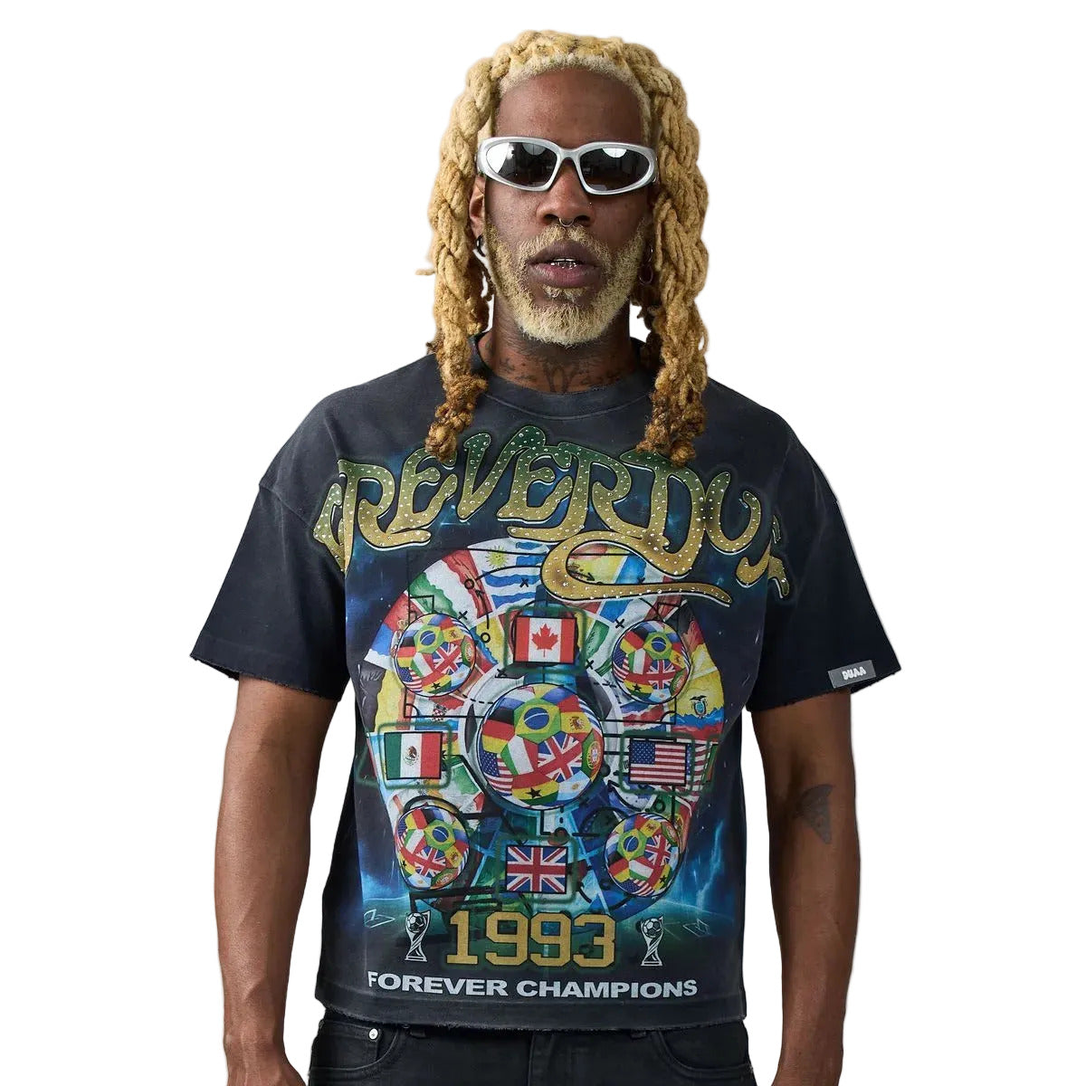 DUAA Worldwide Tee in charcoal featuring an international soccer ball graphic, rhinestone FOREVER DUAA lettering, and 1993 Forever Champions detailing.
