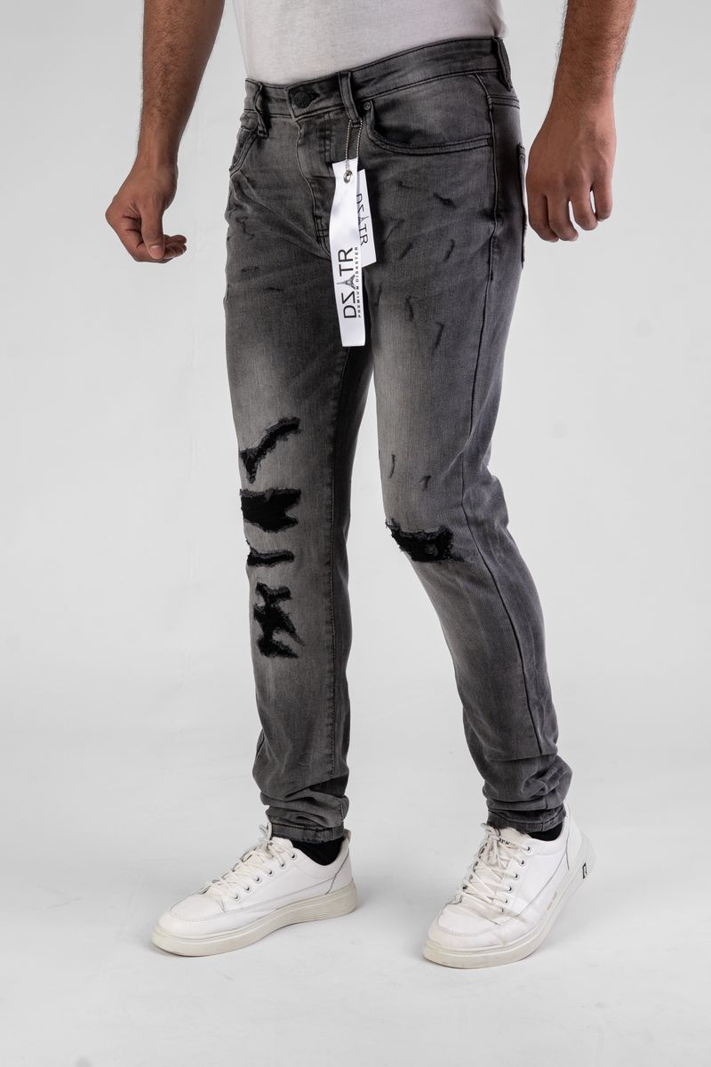Men’s smoke grey ultra stretch skinny jeans with modern slim silhouette.