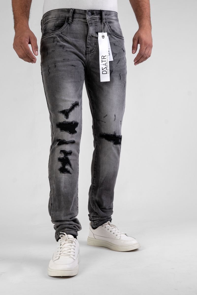 Men’s smoke grey ultra stretch skinny jeans with modern slim silhouette.