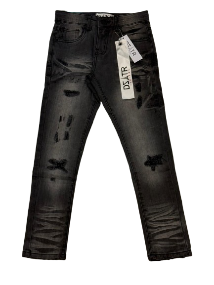 DZTR Kids Stretch Jeans in Grey Black Rip with slim fit, stretch denim, and distressed details.