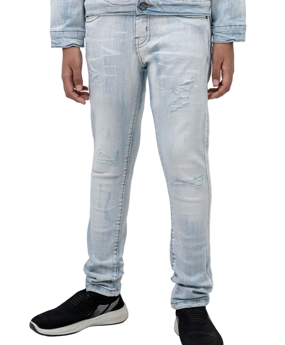 DZTR Kids Ice Blue Skinny Jeans made from ultra-stretch denim with a slim fit silhouette