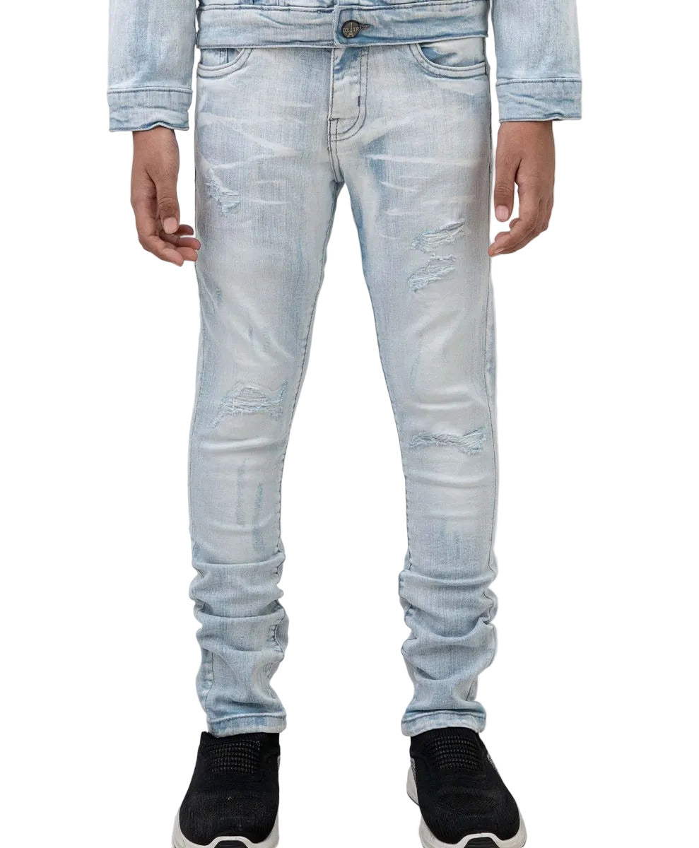 DZTR Kids Ice Blue Skinny Jeans made from ultra-stretch denim with a slim fit silhouette