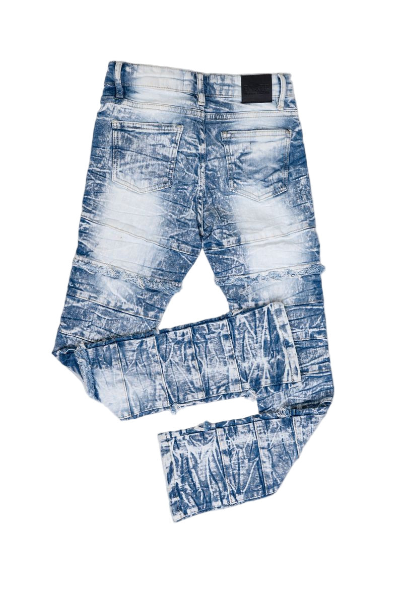 Kids stacked blue jeans with 3D textured design and ultra-stretch fabric.