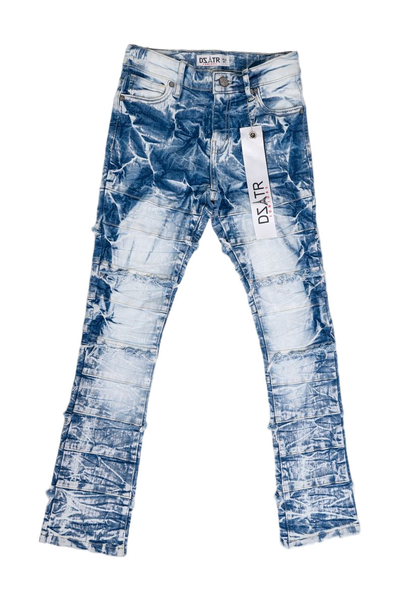 Kids stacked blue jeans with 3D textured design and ultra-stretch fabric.