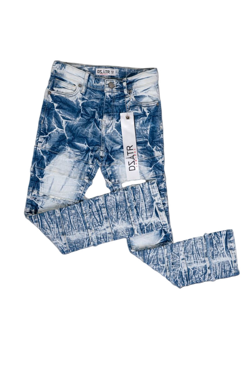 Kids stacked blue jeans with 3D textured design and ultra-stretch fabric.