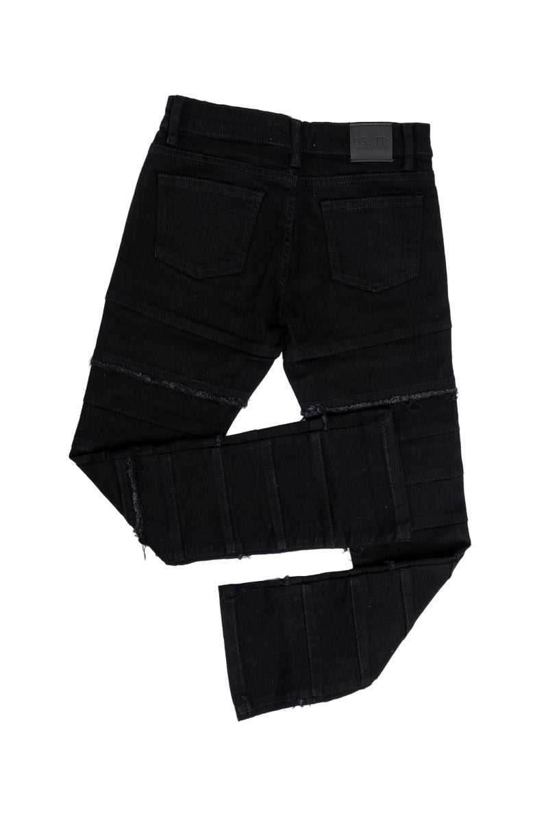 Jet black kids stacked jeans with 3D textured design and ultra-stretch fabric.