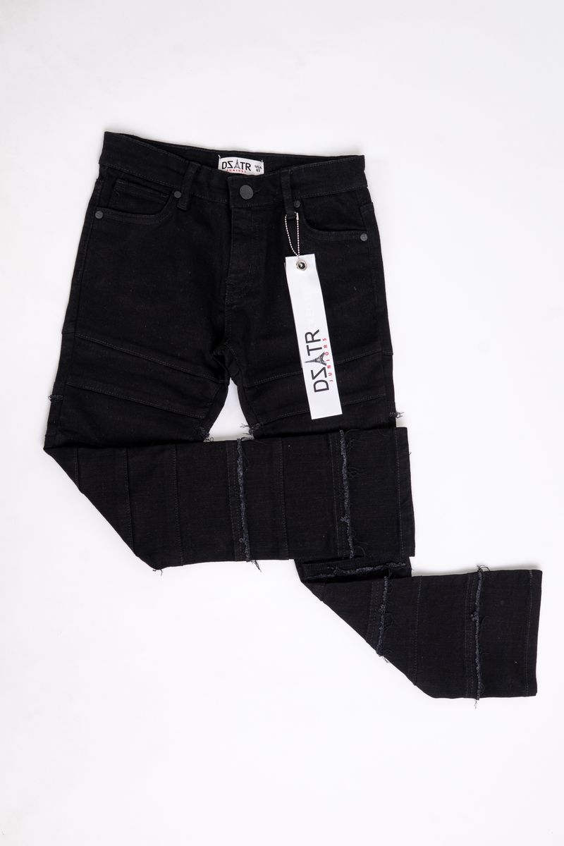 Jet black kids stacked jeans with 3D textured design and ultra-stretch fabric.