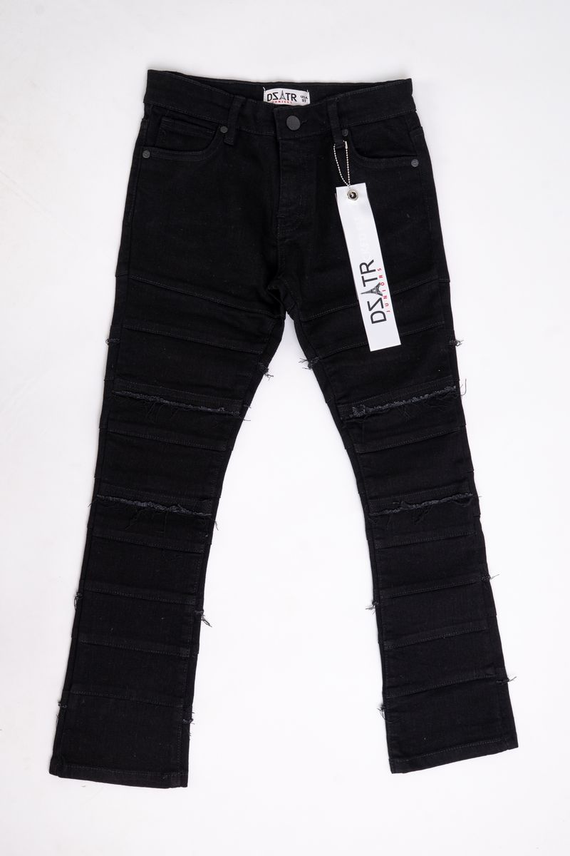 Jet black kids stacked jeans with 3D textured design and ultra-stretch fabric.