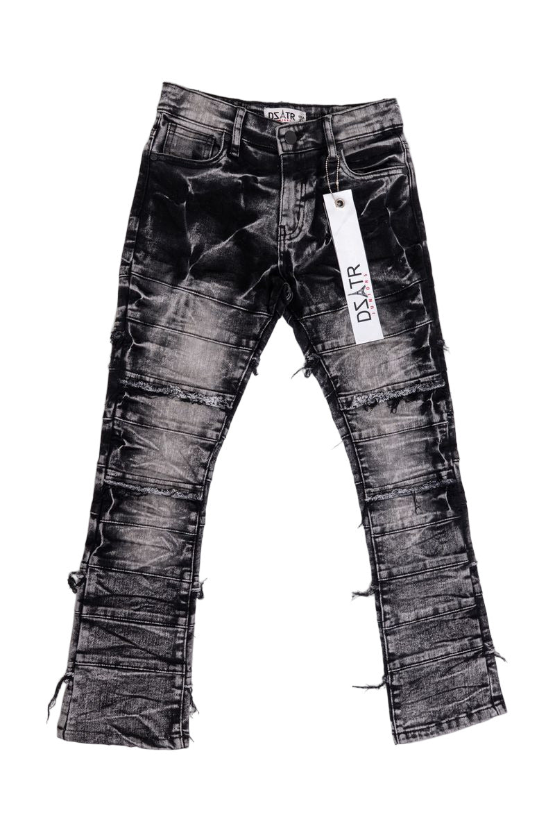 Jet black kids stacked jeans with 3D textured design and ultra-stretch fabric.