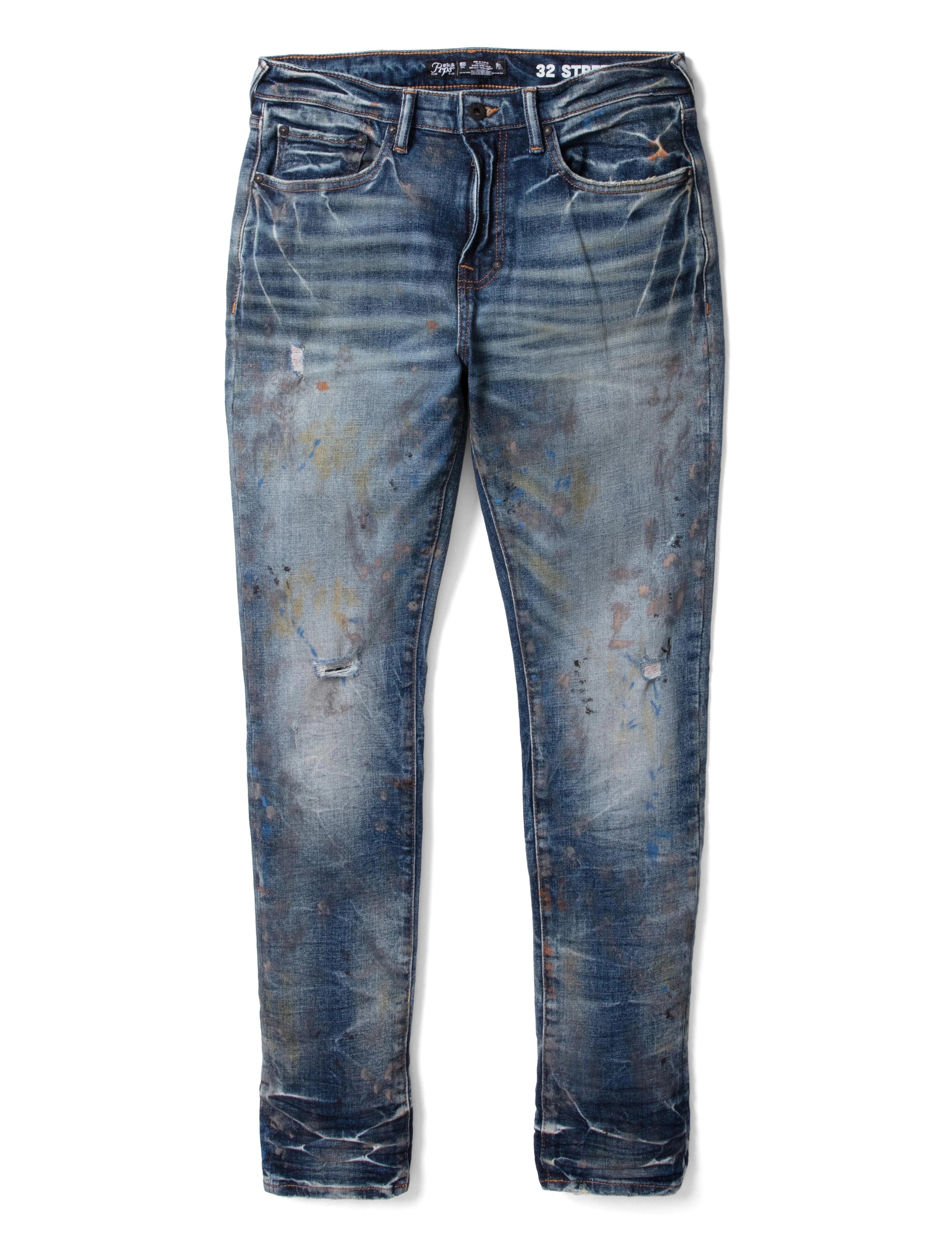 Prps Freeboard Jeans are paint splattered indigo denim. These jeans for men have light abrasions and lightning whiskering in our signature super skinny stretch fit.