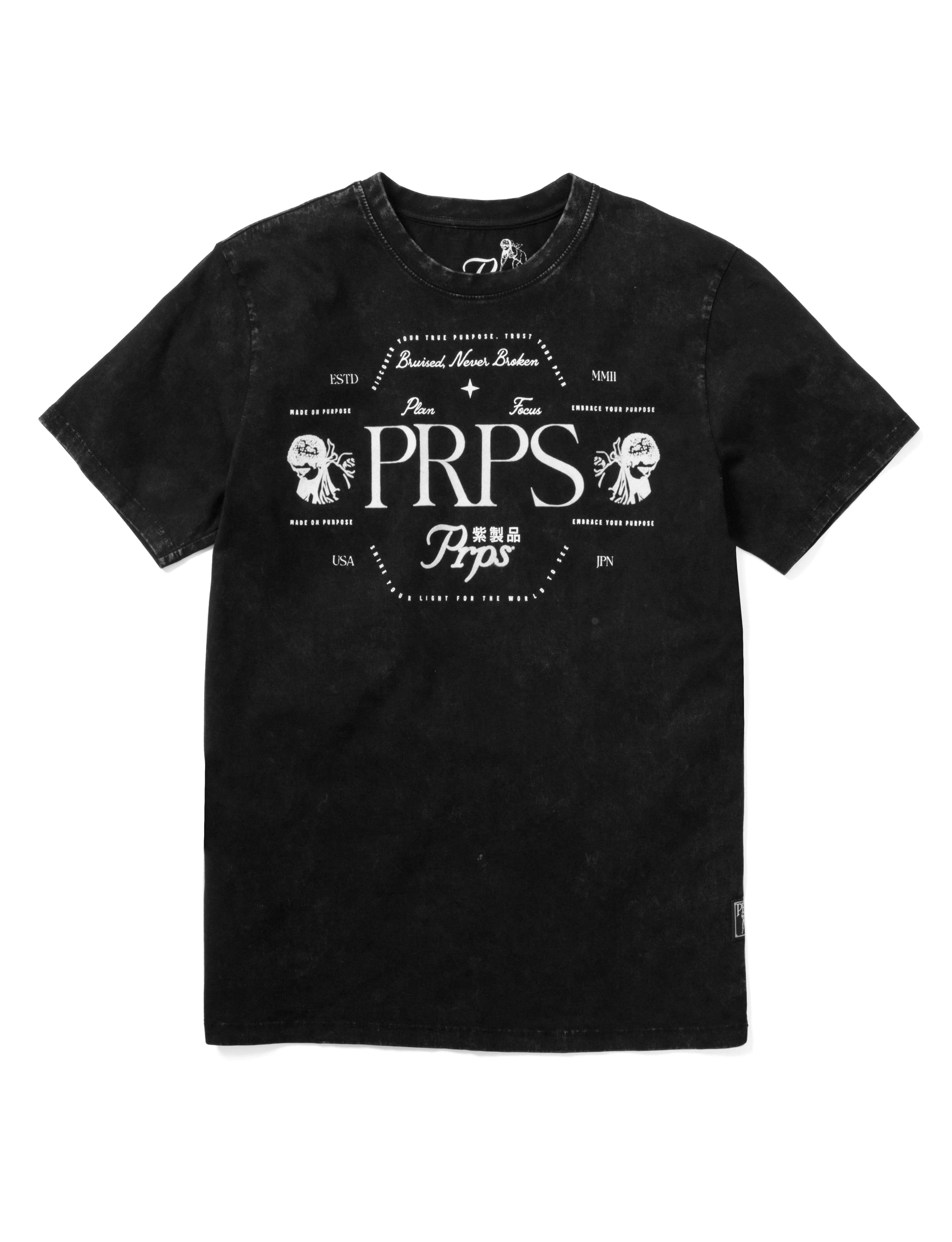 Prps mineral-washed Isle Tee has white flocked branding on the front and back of this 100% cotton men's top.